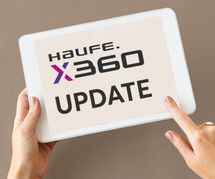 Tablet mit Haufe X360-Logo und dem Wort Update